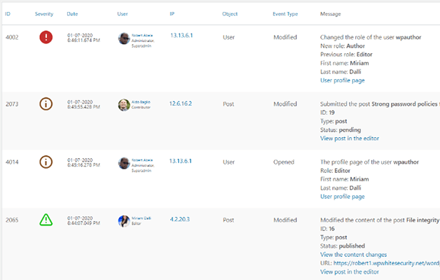 wp activity log ui